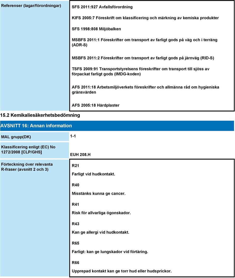 av förpackat farligt gods (IMDG-koden) AFS 2011:18 Arbetsmiljöverkets föreskrifter och allmänna råd om hygieniska gränsvärden AFS 2005:18 Härdplaster 15.