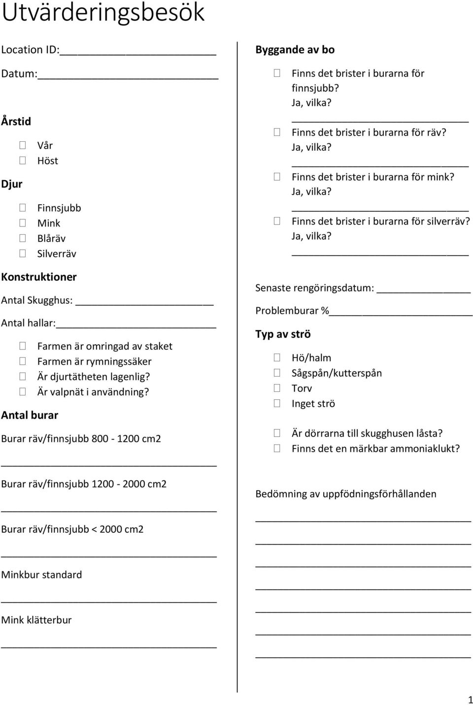 Konstruktioner Antal Skugghus: Antal hallar: Farmen är omringad av staket Farmen är rymningssäker Är djurtätheten lagenlig? Är valpnät i användning?