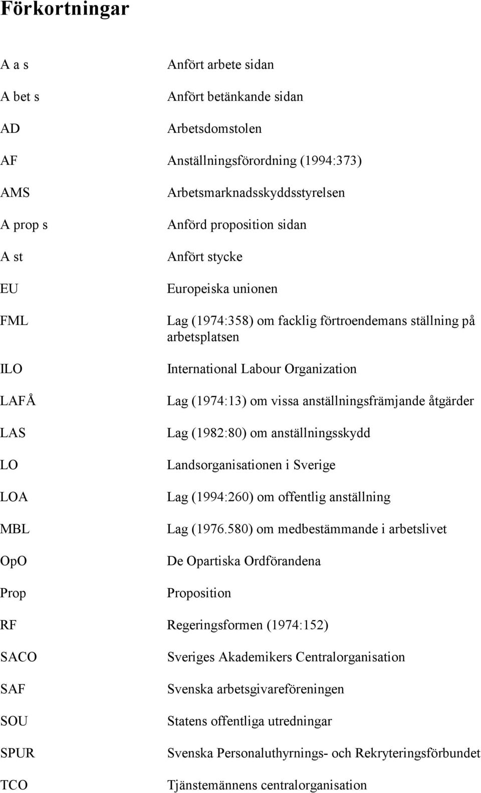 (1974:13) om vissa anställningsfrämjande åtgärder Lag (1982:80) om anställningsskydd Landsorganisationen i Sverige Lag (1994:260) om offentlig anställning Lag (1976.