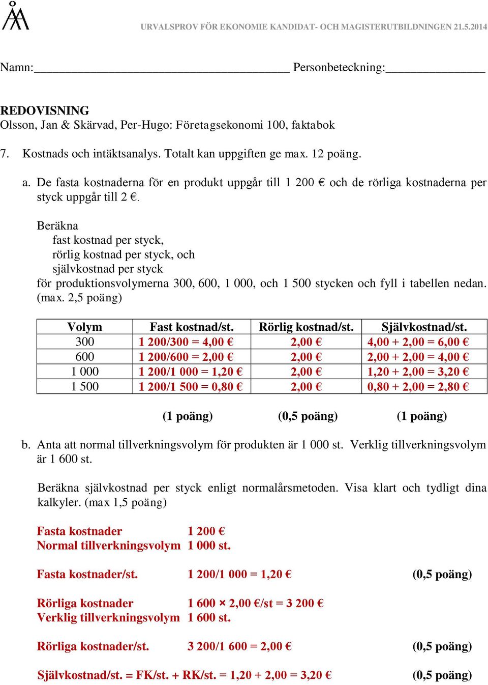 Beräkna fast kostnad per styck, rörlig kostnad per styck, och självkostnad per styck för produktionsvolymerna 300, 600, 1 000, och 1 500 stycken och fyll i tabellen nedan. (max.