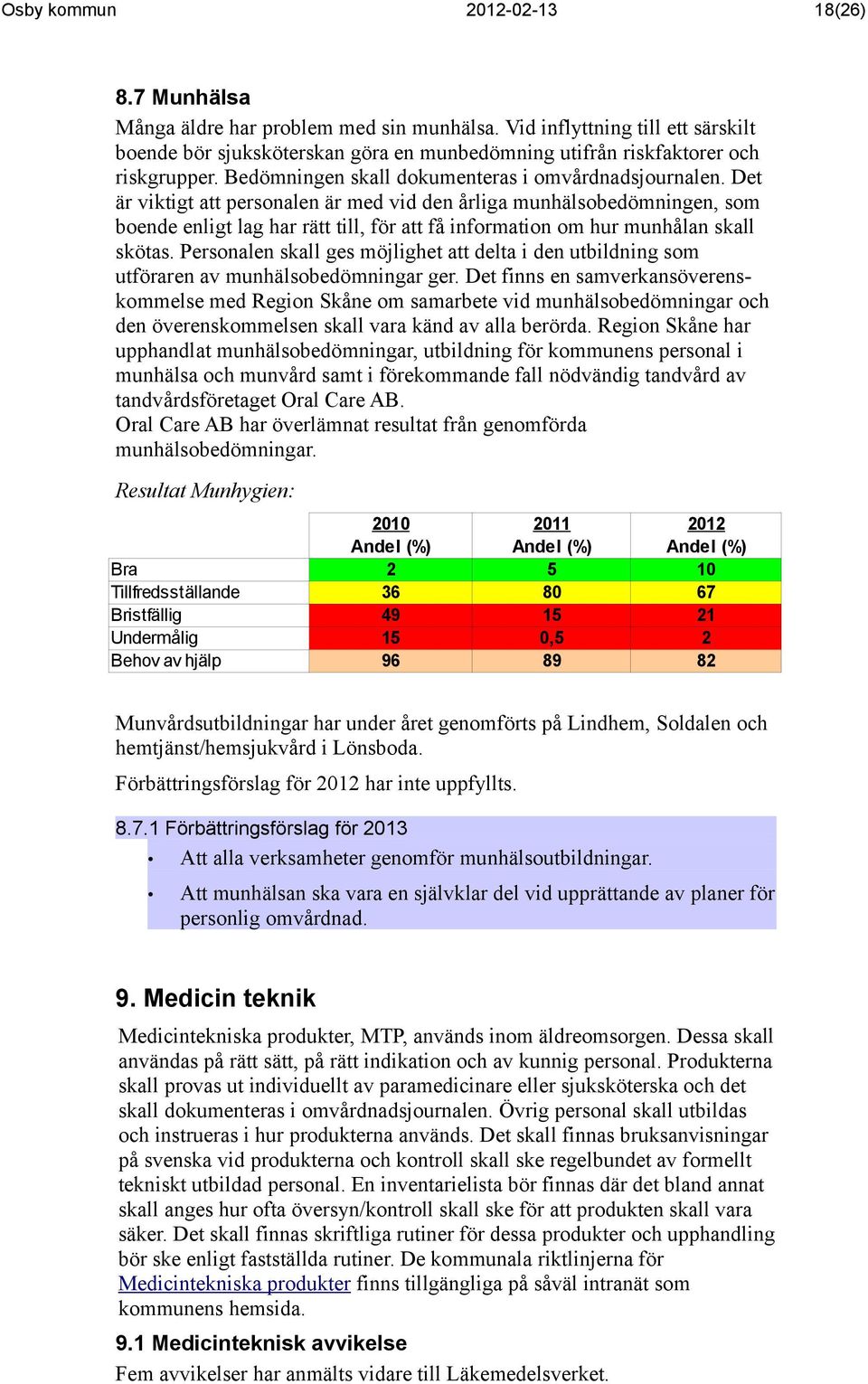 Det är viktigt att personalen är med vid den årliga munhälsobedömningen, som boende enligt lag har rätt till, för att få information om hur munhålan skall skötas.