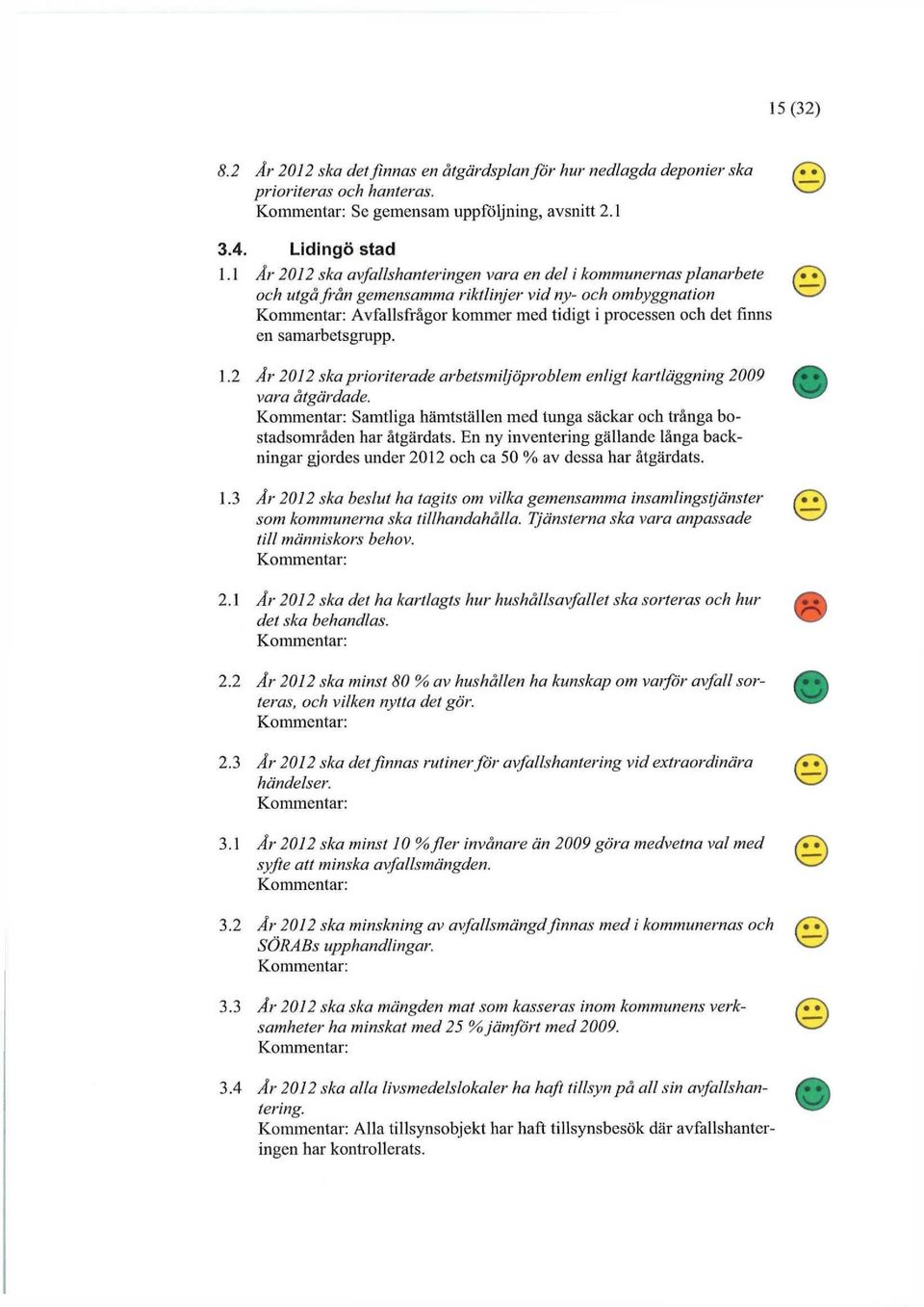 samarbetsgrupp. 1.2 År 2012 ska prioriterade arbetsmiljöproblem enligt kartläggning 2009 vara åtgärdade. Samtliga hämtställen med tunga säckar och trånga bostadsområden har åtgärdats.