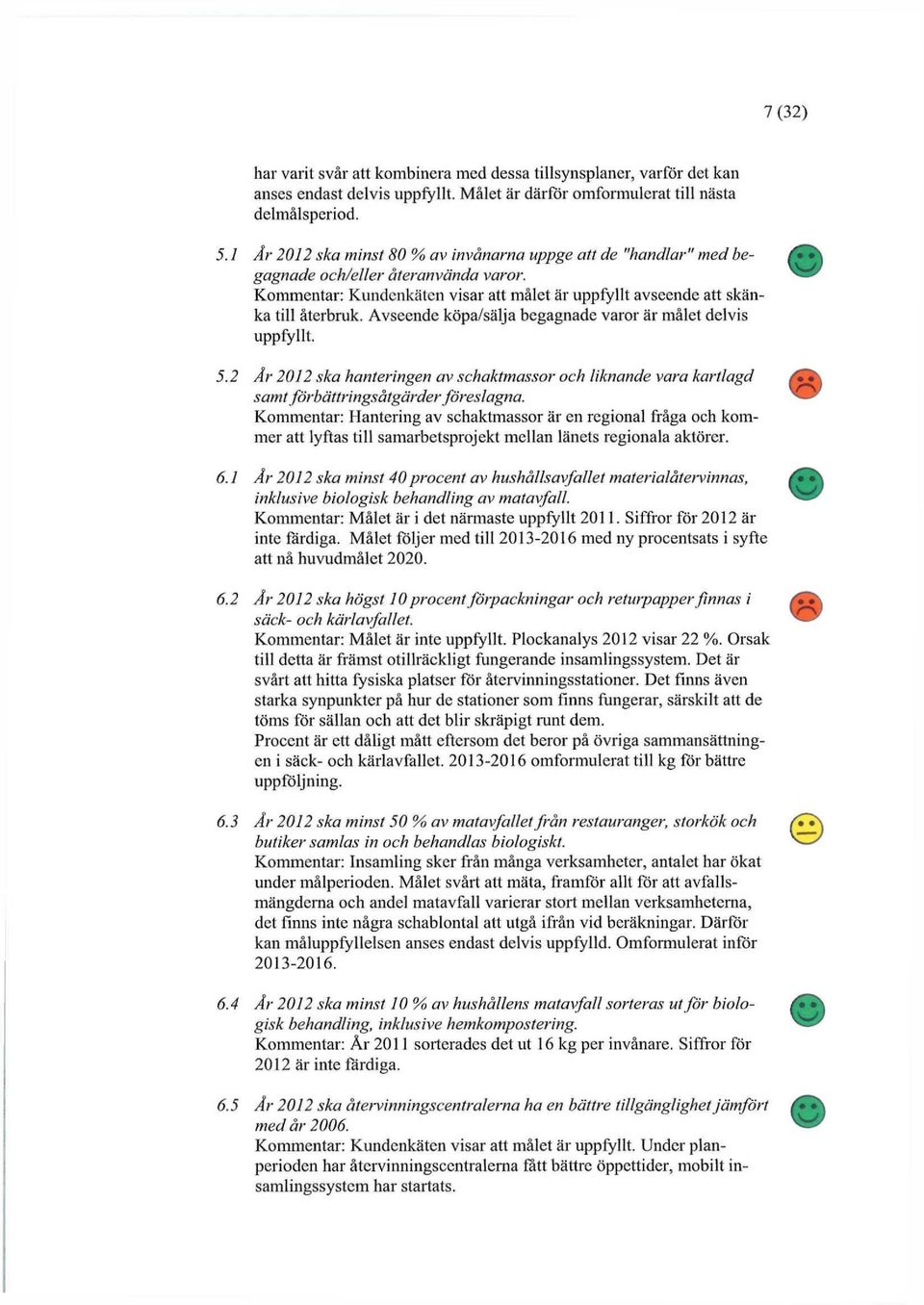 Avseende köpa/sälja begagnade varor är målet delvis uppfyllt. 5.2 År 2012 ska hanteringen av schaktmassor och liknande vara kartlagd samt förbättringsåtgärder föreslagna.