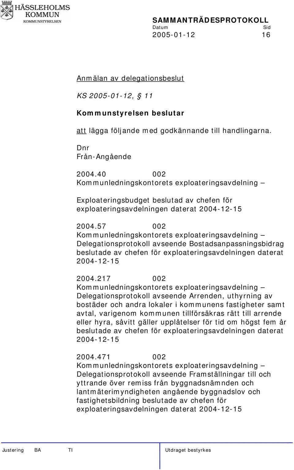 57 002 Kommunledningskontorets exploateringsavdelning Delegationsprotokoll avseende Bostadsanpassningsbidrag beslutade av chefen för exploateringsavdelningen daterat 2004-12-15 2004.