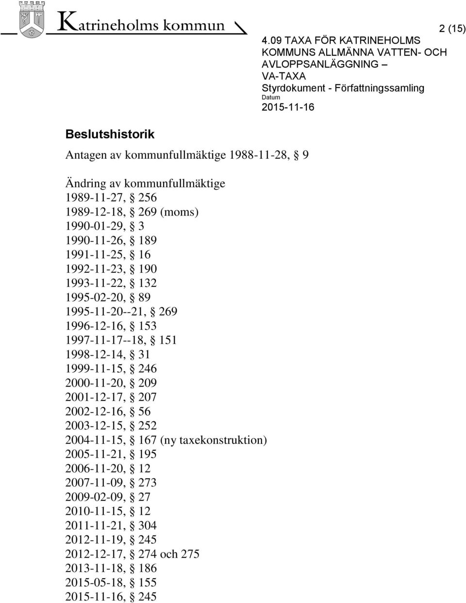 31 1999-11-15, 246 2000-11-20, 209 2001-12-17, 207 2002-12-16, 56 2003-12-15, 252 2004-11-15, 167 (ny taxekonstruktion) 2005-11-21, 195