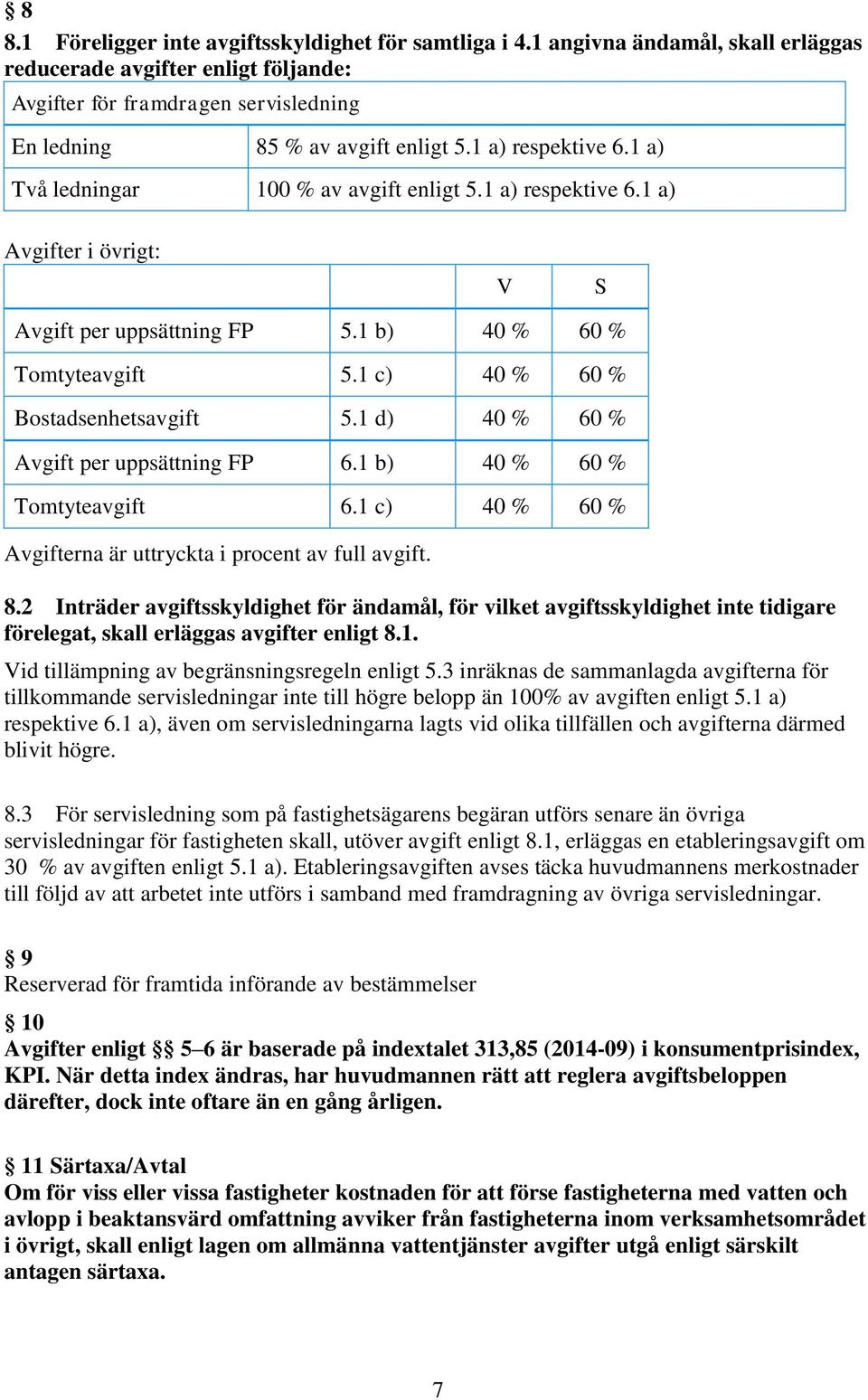 1 a) Två ledningar 100 % av avgift enligt 5.1 a) respektive 6.1 a) Avgifter i övrigt: V S Avgift per uppsättning FP 5.1 b) 40 % 60 % Tomtyteavgift 5.1 c) 40 % 60 % Bostadsenhetsavgift 5.