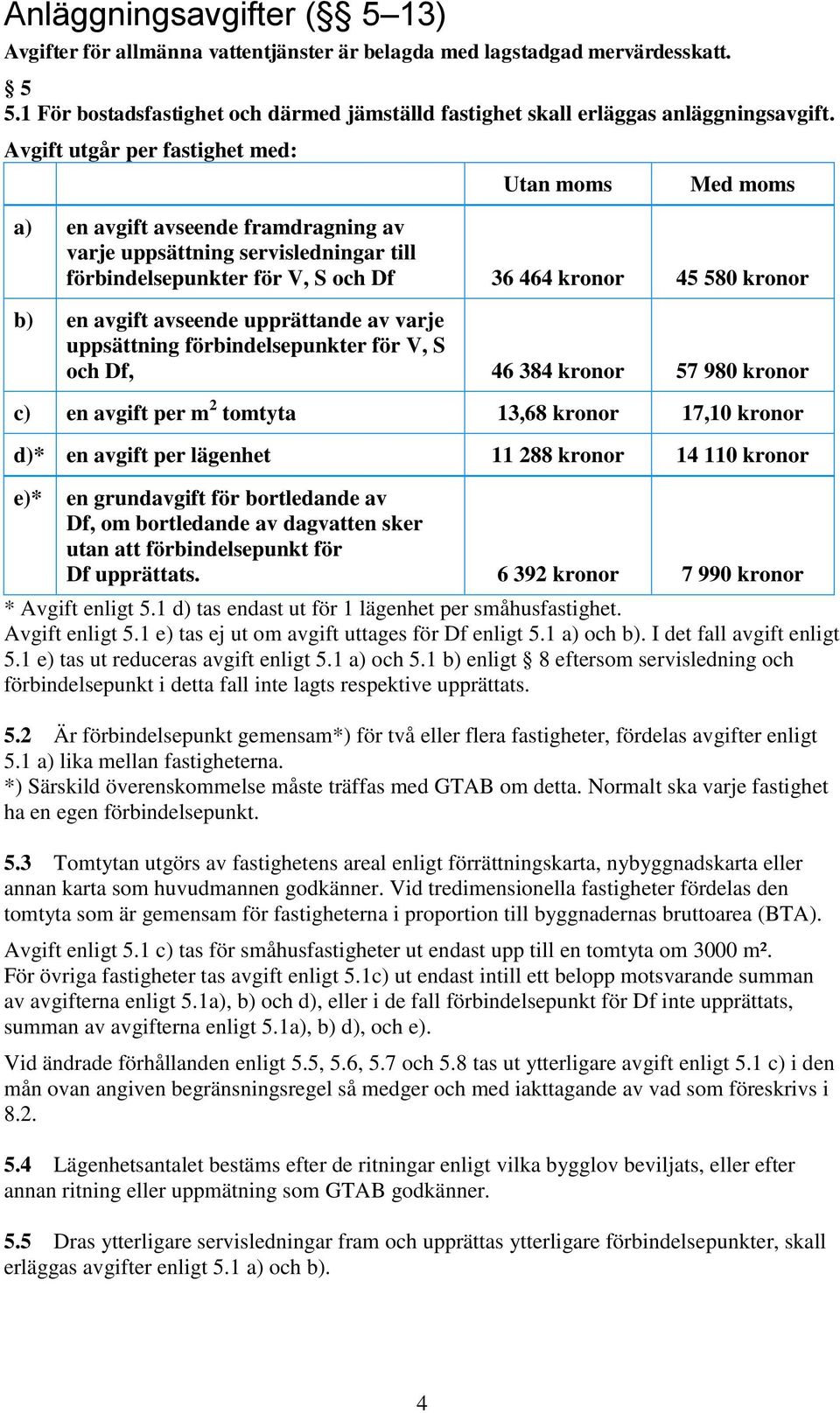 avgift avseende upprättande av varje uppsättning förbindelsepunkter för V, S och Df, 46 384 kronor 57 980 kronor c) en avgift per m 2 tomtyta 13,68 kronor 17,10 kronor d)* en avgift per lägenhet 11