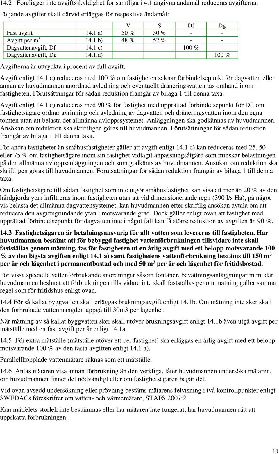 1 c) reduceras med 100 % om fastigheten saknar förbindelsepunkt för dagvatten eller annan av huvudmannen anordnad avledning och eventuellt dräneringsvatten tas omhand inom fastigheten.