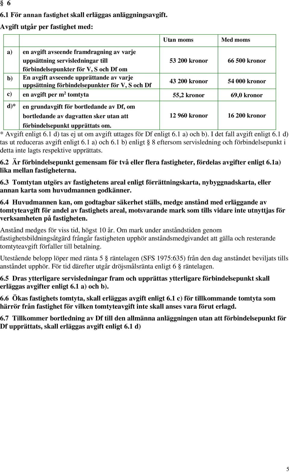 avgift avseende upprättande av varje uppsättning förbindelsepunkter för V, S och Df 43 200 kronor 54 000 kronor c) en avgift per m 2 tomtyta 55,2 kronor 69,0 kronor d)* en grundavgift för bortledande