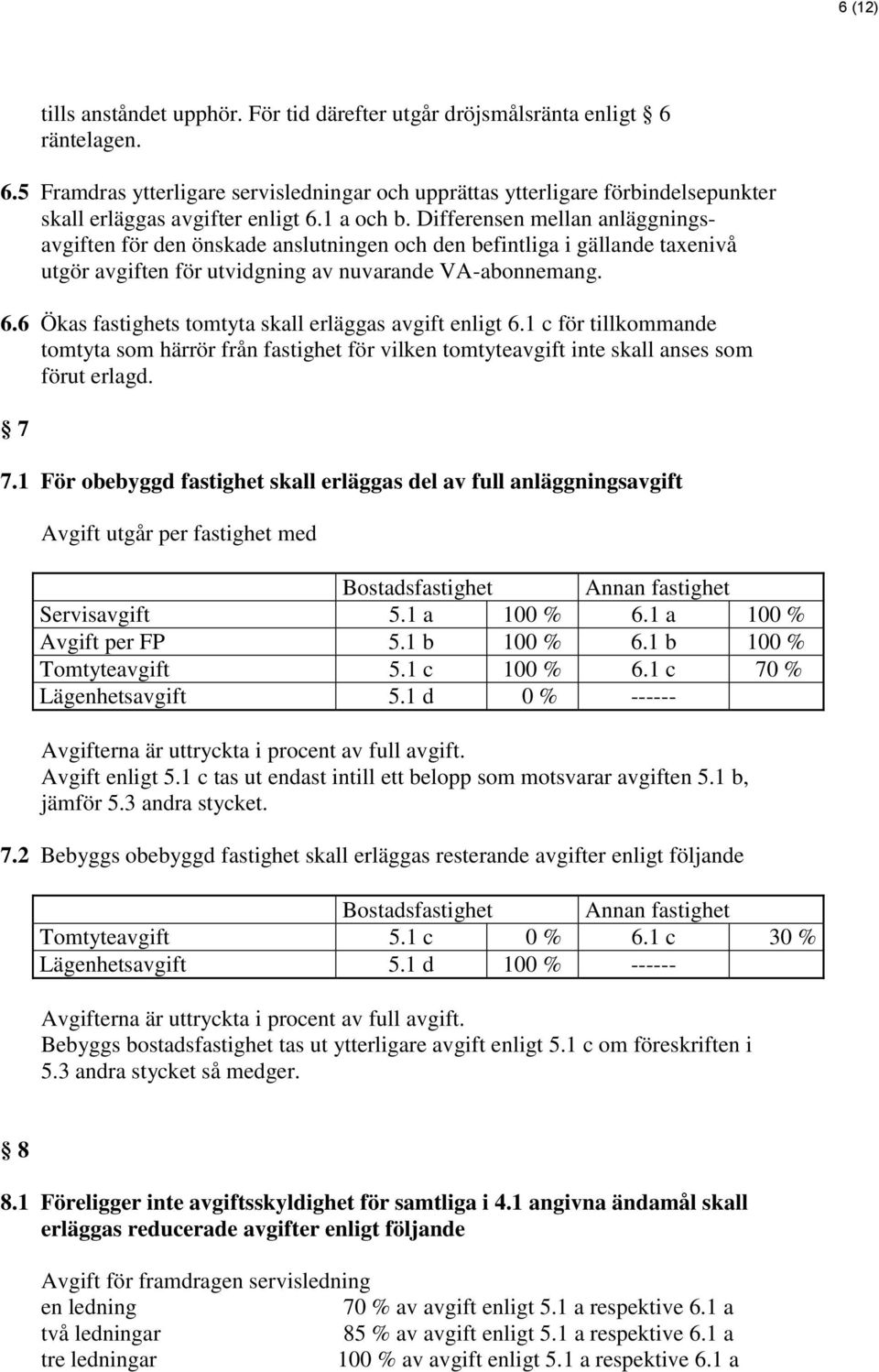 6 Ökas fastighets tomtyta skall erläggas avgift enligt 6.1 c för tillkommande tomtyta som härrör från fastighet för vilken tomtyteavgift inte skall anses som förut erlagd. 7 7.