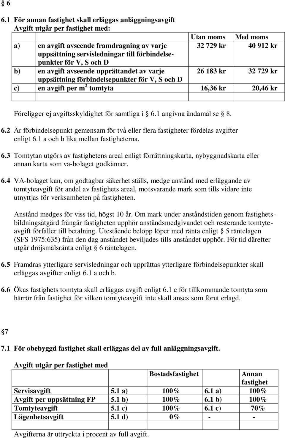 Föreligger ej avgiftsskyldighet för samtliga i 6.1 angivna ändamål se 8. 6.2 Är förbindelsepunkt gemensam för två eller flera fastigheter fördelas avgifter enligt 6.