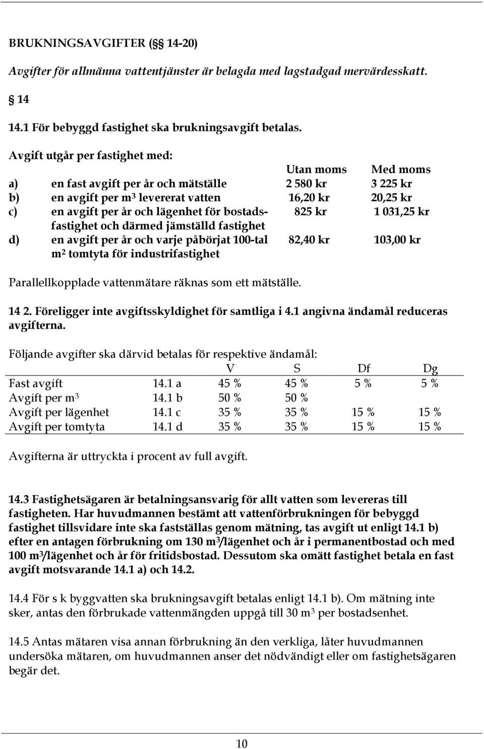 för bostadsfastighet 825 kr 1 031,25 kr och därmed jämställd fastighet d) en avgift per år och varje påbörjat 100-tal m 2 tomtyta för industrifastighet 82,40 kr 103,00 kr Parallellkopplade