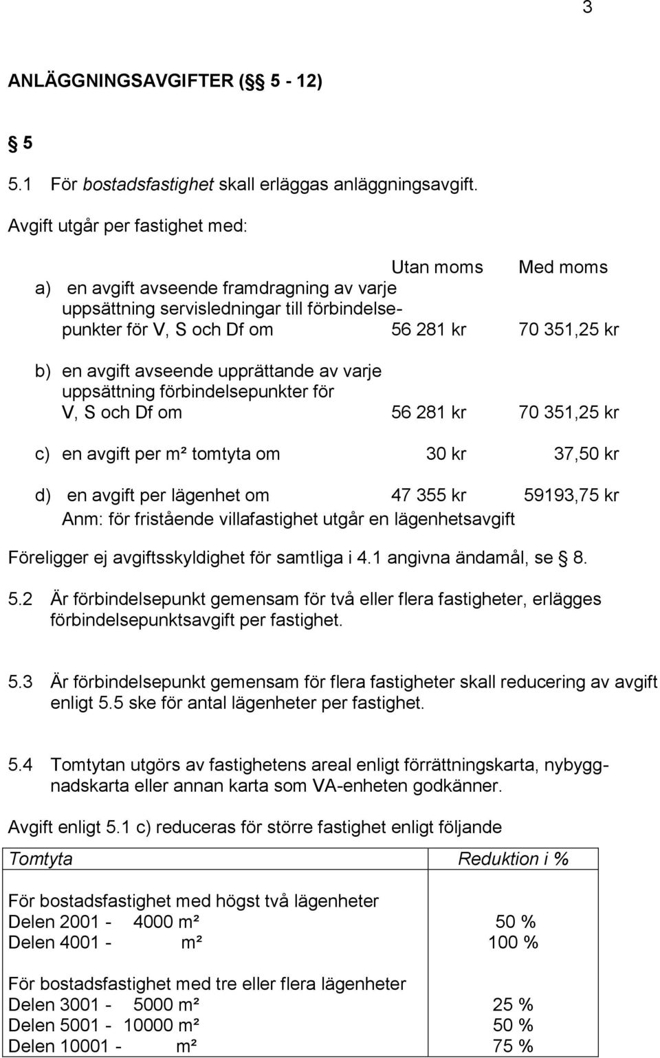 avgift avseende upprättande av varje uppsättning förbindelsepunkter för V, S och Df om 56 281 kr 70 351,25 kr c) en avgift per m² tomtyta om 30 kr 37,50 kr d) en avgift per lägenhet om 47 355 kr