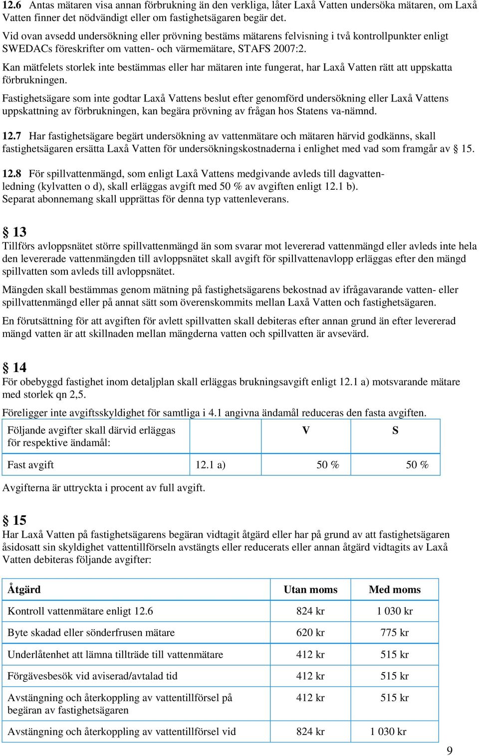 Kan mätfelets storlek inte bestämmas eller har mätaren inte fungerat, har Laxå Vatten rätt att uppskatta förbrukningen.