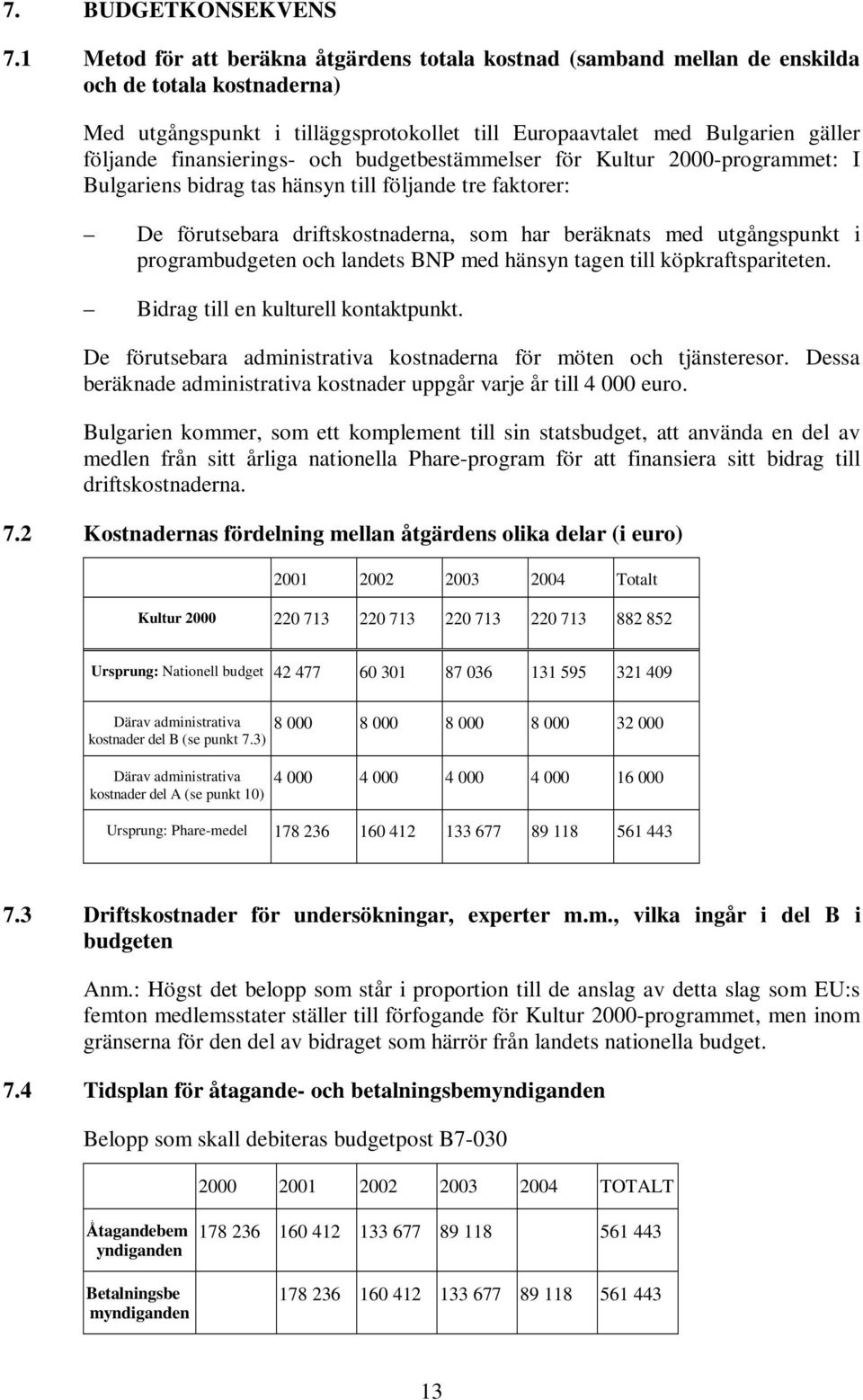 finansierings- och budgetbestämmelser för Kultur 2000-programmet: I Bulgariens bidrag tas hänsyn till följande tre faktorer: De förutsebara driftskostnaderna, som har beräknats med utgångspunkt i