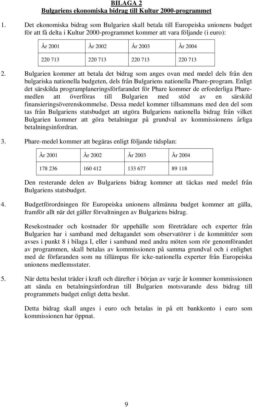 220 713 220 713 220 713 2. Bulgarien kommer att betala det bidrag som anges ovan med medel dels från den bulgariska nationella budgeten, dels från Bulgariens nationella Phare-program.