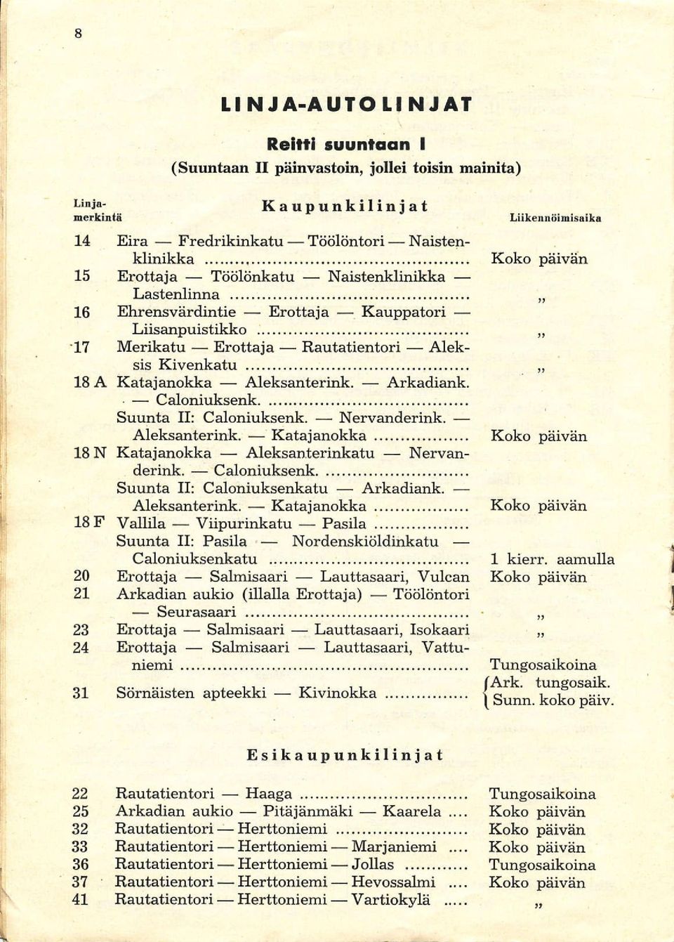 Ehrensvärdintie Erottaja Kauppatori Liisanpuistikko 17 Merikatu Erottaja Rautatientori Aleksis Kivenkatu 184 Katajanokka Aleksanterink. Arkadiank. Caloniuksenk Suunta If: Caloniuksenk. Nervanderink.