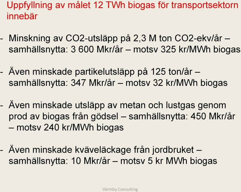 motsv 32 kr/mwh biogas - Även minskade utsläpp av metan och lustgas genom prod av biogas från gödsel samhällsnytta: 450