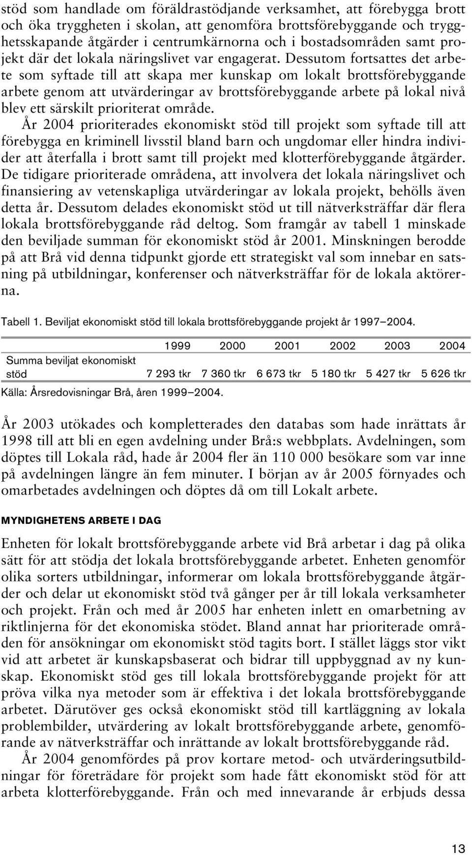 Dessutom fortsattes det arbete som syftade till att skapa mer kunskap om lokalt brottsförebyggande arbete genom att utvärderingar av brottsförebyggande arbete på lokal nivå blev ett särskilt