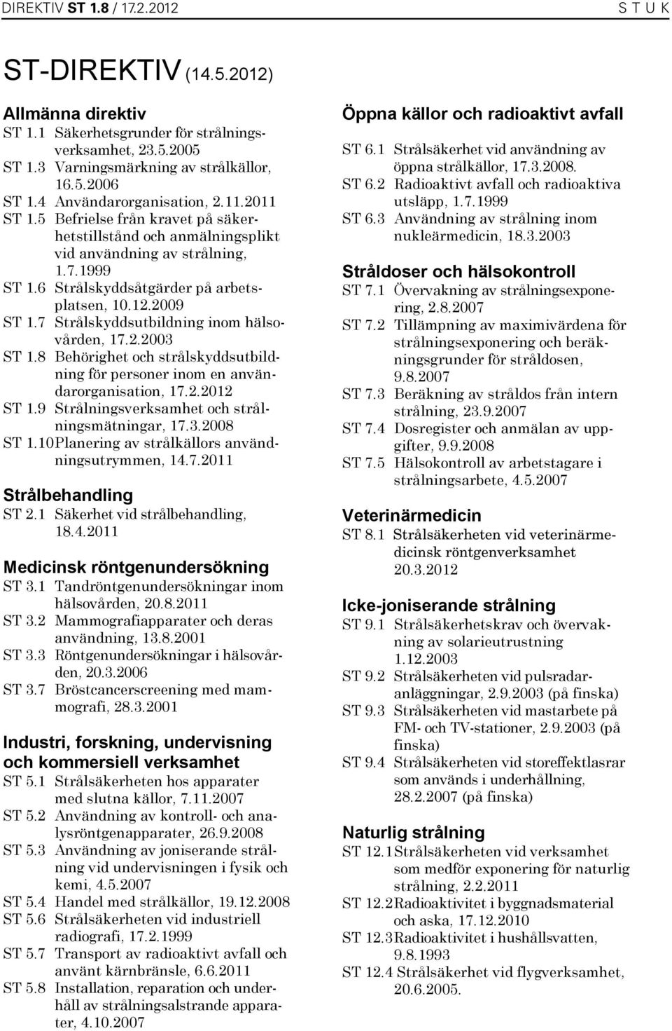 7 Strålskyddsutbildning inom hälsovården, 17.2.2003 ST 1.8 Behörighet och strålskyddsutbildning för personer inom en användarorganisation, 17.2.2012 ST 1.