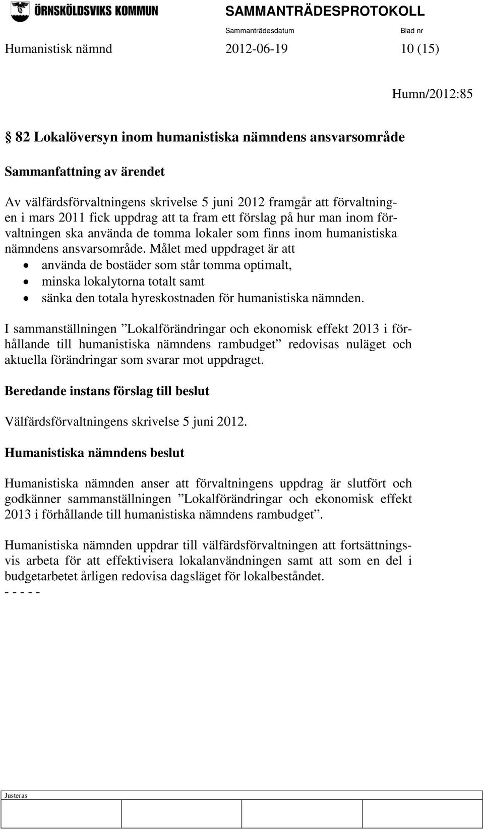 Målet med uppdraget är att använda de bostäder som står tomma optimalt, minska lokalytorna totalt samt sänka den totala hyreskostnaden för humanistiska nämnden.