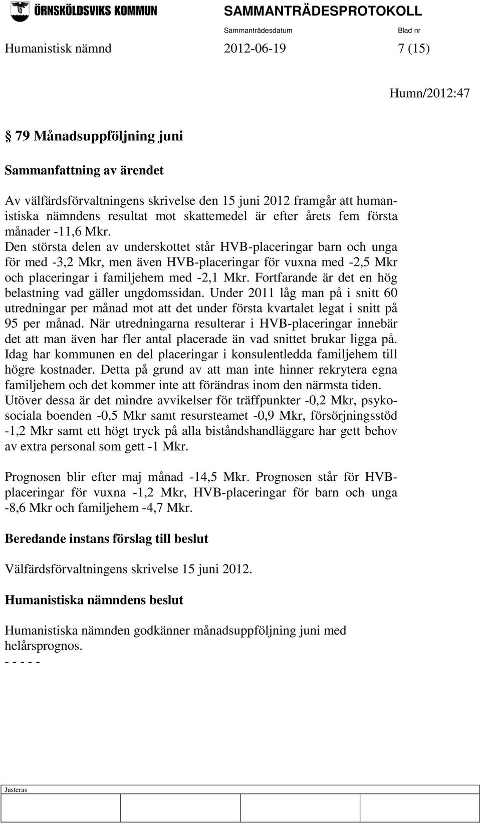 Den största delen av underskottet står HVB-placeringar barn och unga för med -3,2 Mkr, men även HVB-placeringar för vuxna med -2,5 Mkr och placeringar i familjehem med -2,1 Mkr.