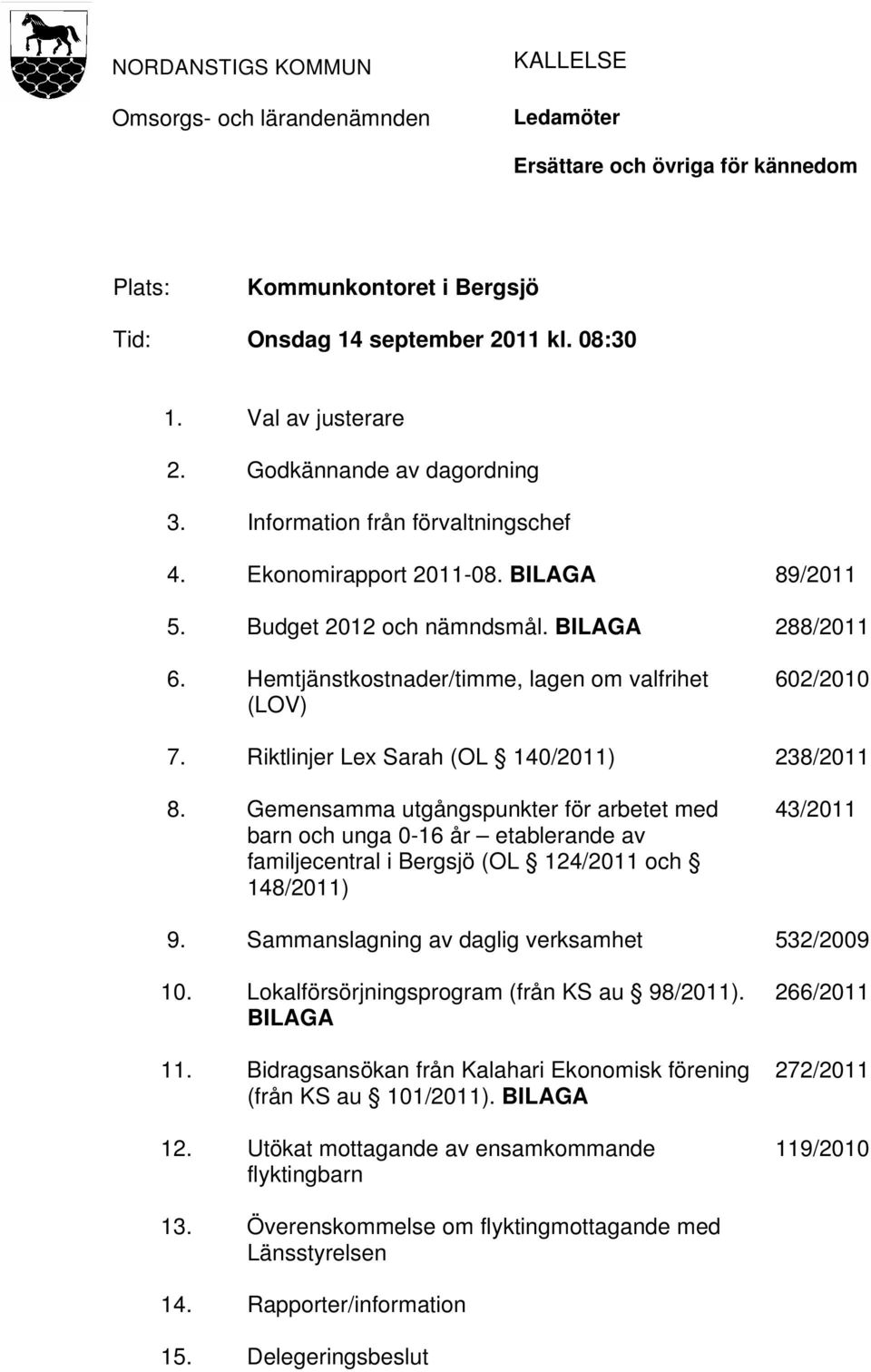 Hemtjänstkostnader/timme, lagen om valfrihet (LOV) 602/2010 7. Riktlinjer Lex Sarah (OL 140/2011) 238/2011 8.