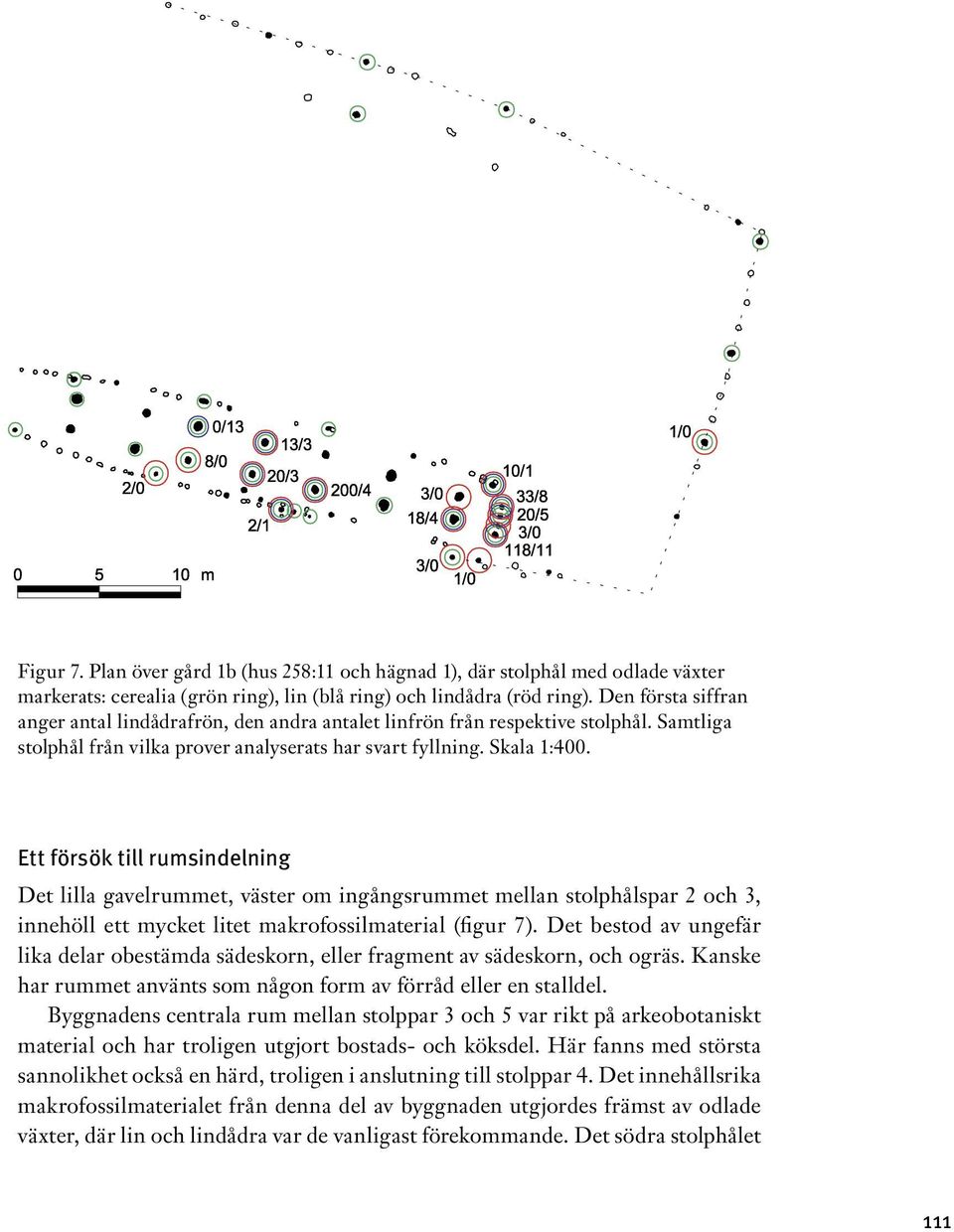 Ett försök till rumsindelning Det lilla gavelrummet, väster om ingångsrummet mellan stolphålspar 2 och 3, innehöll ett mycket litet makrofossilmaterial (figur 7).