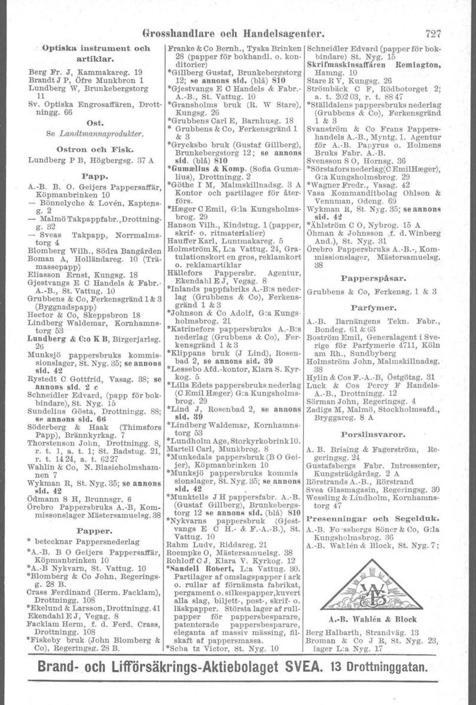 3 - Sveas Takpapp, Norrmalmstorg 4 Blomberg Wilh. Södra Bangärden Boman A, Holländareg. 10 (Trämassepapp) Eliasson Ernst, Kungsg. 18 Gjestvangs E C Handels & Fabr.- A.-B., se. Vattug.