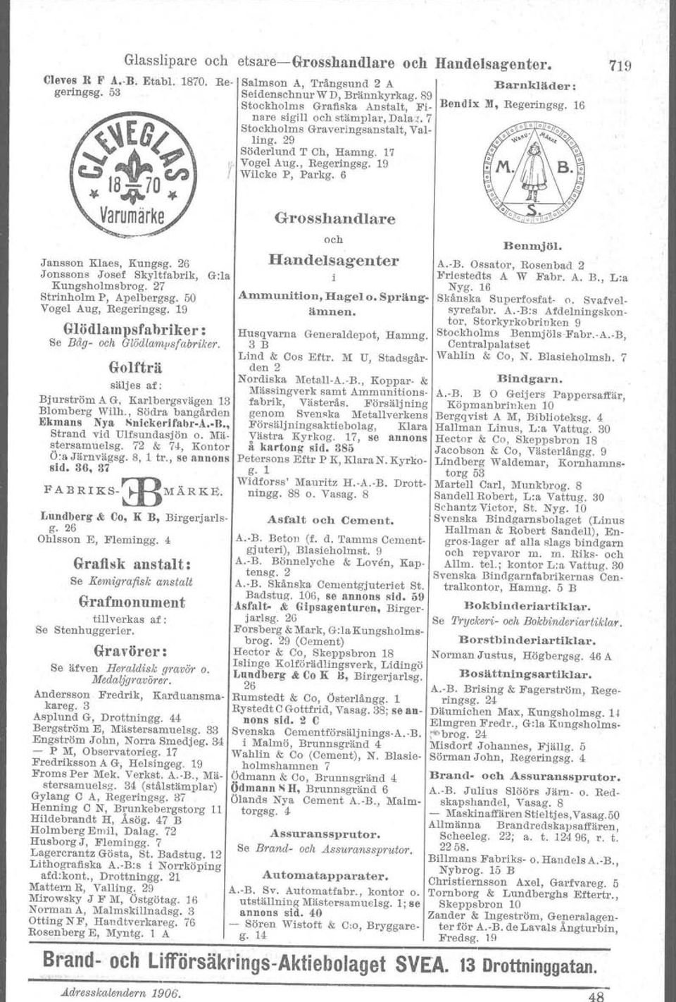 6 Y Jansson Klaes, Kungsg. Jonssons Josef Skyltlabrik, G:la Kungsholmsbrog. 7 Strinholm P, Apelbergsg. 50 Vogel Aug, Regeringsg. 19 Glödlampsfabriker: Se Båg- och GlÖdlaml's(abriker.