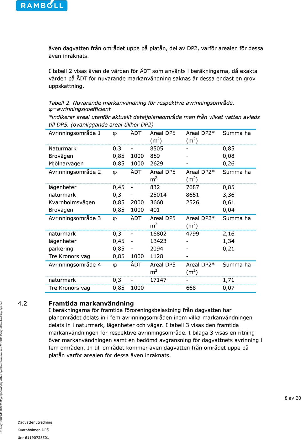 Nuvarande markanvändning för respektive avrinningsområde. φ=avrinningskoefficient *indikerar areal utanför aktuellt detaljplaneområde men från vilket vatten avleds till DP5.