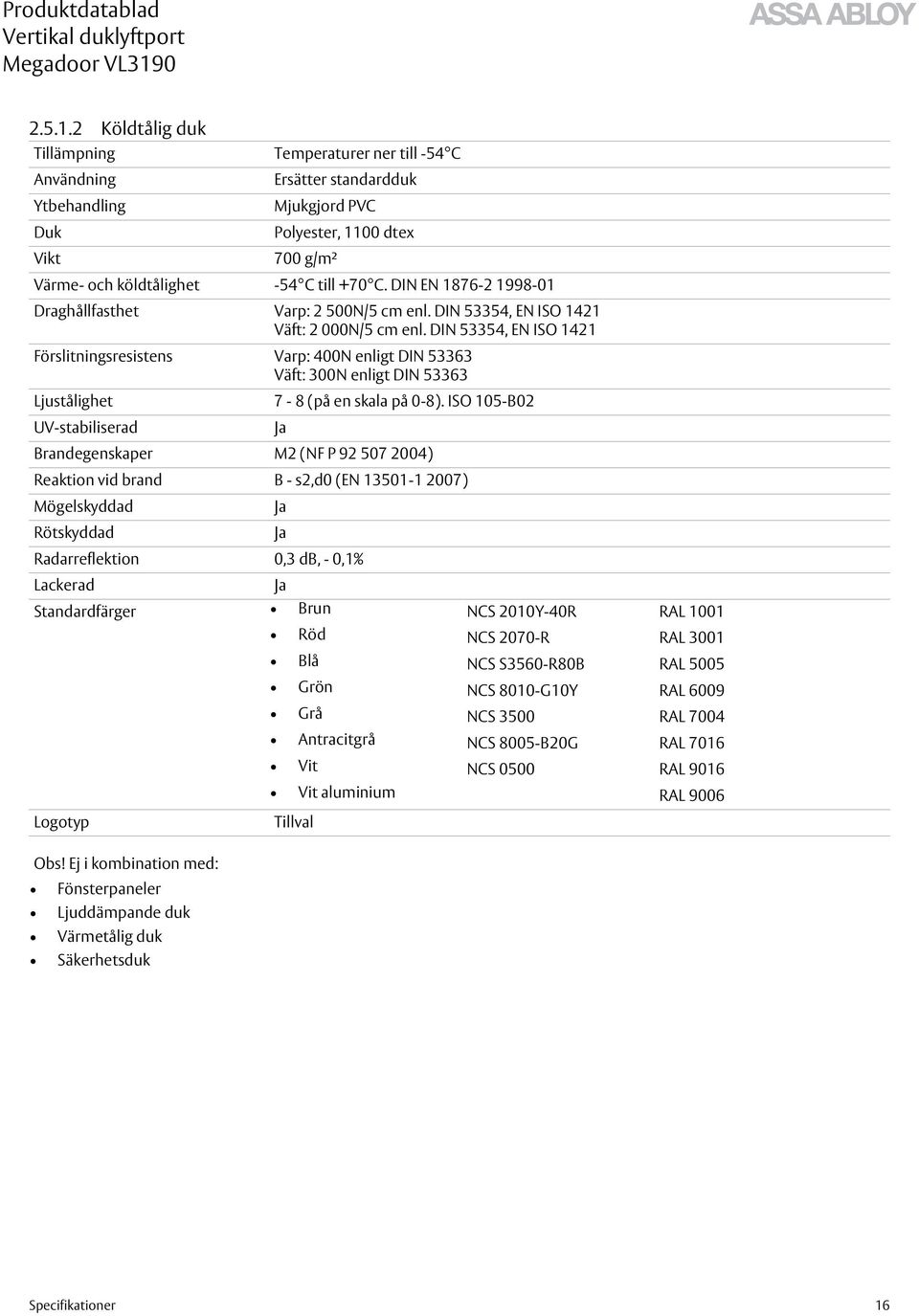 DIN EN 1876-2 1998-01 Draghållfasthet Varp: 2 500N/5 cm enl. DIN 53354, EN ISO 1421 Väft: 2 000N/5 cm enl.