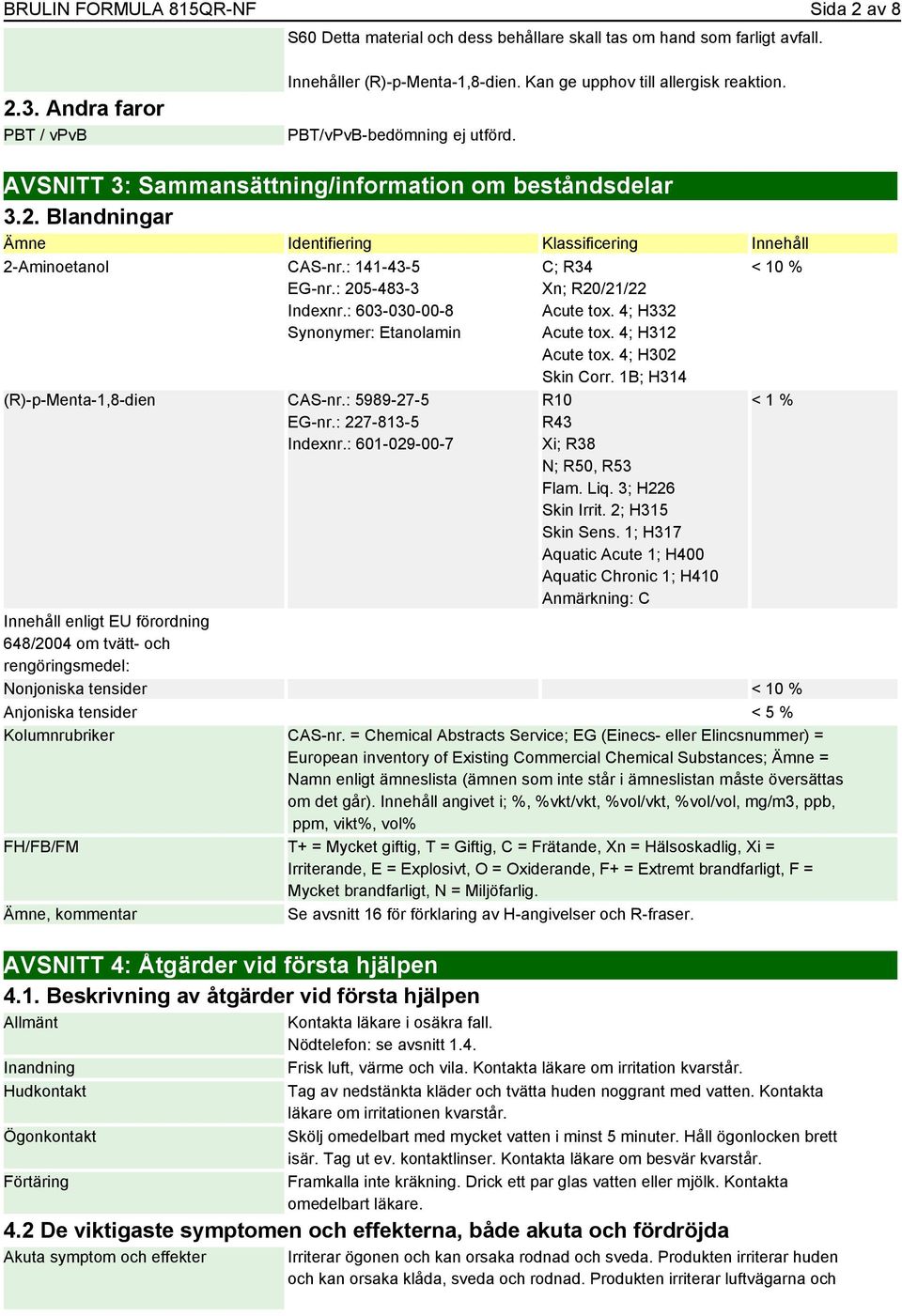 Blandningar Ämne Identifiering Klassificering Innehåll 2-Aminoetanol CAS-nr.: 141-43-5 EG-nr.: 205-483-3 Indexnr.: 603-030-00-8 Synonymer: Etanolamin (R)-p-Menta-1,8-dien CAS-nr.: 5989-27-5 EG-nr.