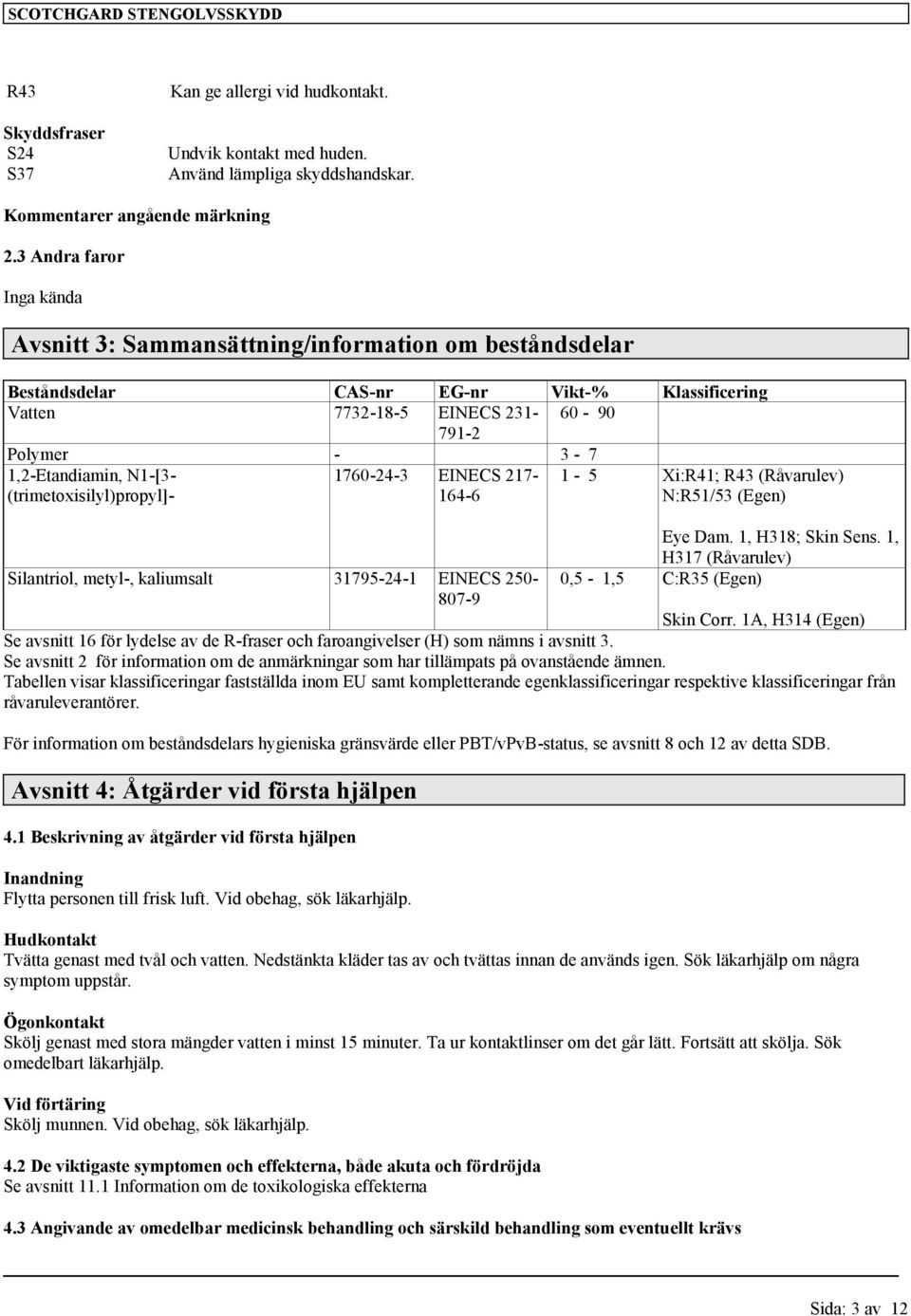 (trimetoxisilyl)propyl]- 1760-24-3 EINECS 217-164-6 1-5 Xi:R41; R43 (Råvarulev) N:R51/53 (Egen) Silantriol, metyl-, kaliumsalt 31795-24-1 EINECS 250-807-9 Eye Dam. 1, H318; Skin Sens.