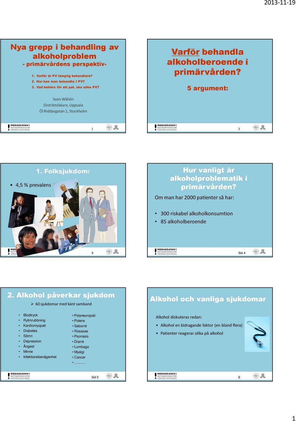 Folksjukdom: Hur vanligt är alkoholproblematik i primärvården? Om man har 2000 patienter så har: 300 riskabel alkoholkonsumtion 85 alkoholberoende 3 Sid 4 2.