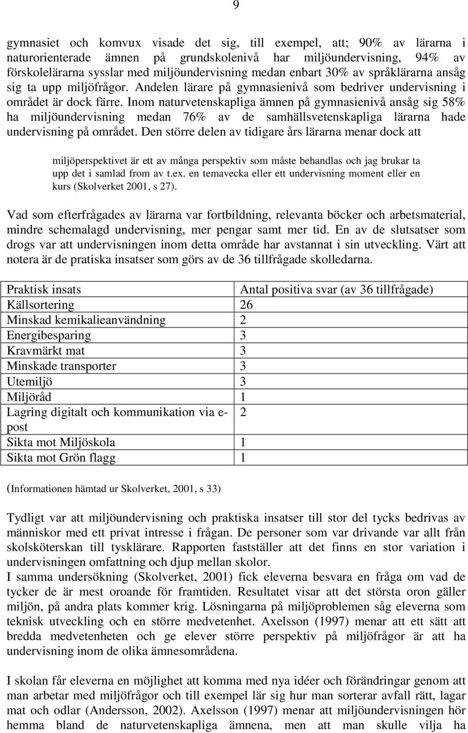 Inom naturvetenskapliga ämnen på gymnasienivå ansåg sig 58% ha miljöundervisning medan 76% av de samhällsvetenskapliga lärarna hade undervisning på området.