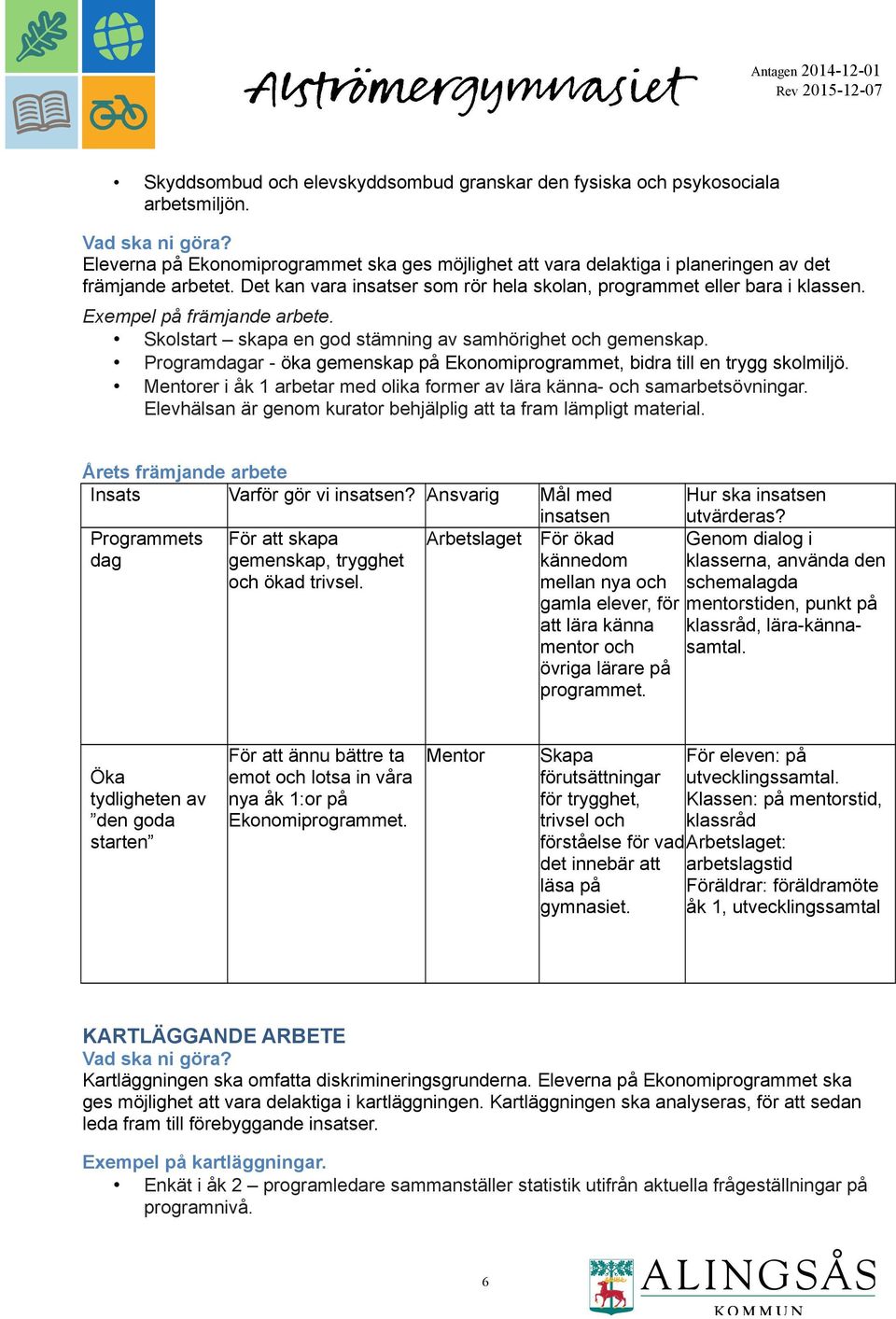 Exempel på främjande arbete. Skolstart skapa en god stämning av samhörighet och gemenskap. Programdagar - öka gemenskap på Ekonomiprogrammet, bidra till en trygg skolmiljö.