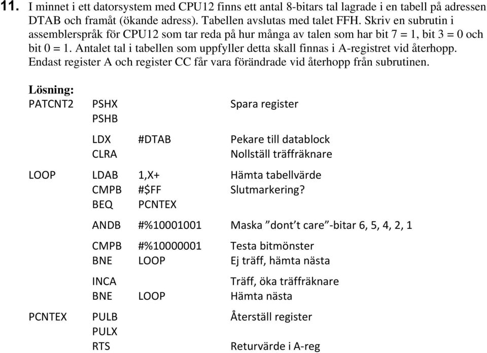 Antalet tal i tabellen som uppfyller detta skall finnas i A-registret vid återhopp. Endast register A och register CC får vara förändrade vid återhopp från subrutinen.