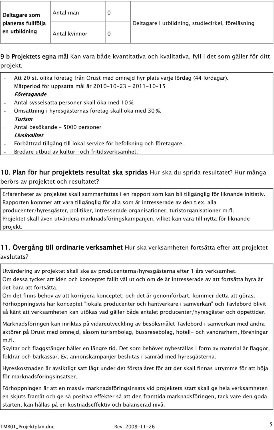 Mätperiod för uppsatta mål är 2010-10-23 2011-10-15 Företagande - Antal sysselsatta personer skall öka med 10 %. - Omsättning i hyresgästernas företag skall öka med 30 %.