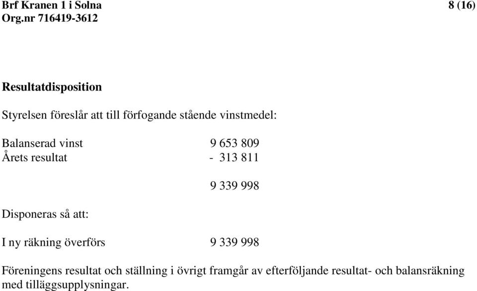 att: 9 339 998 I ny räkning överförs 9 339 998 Föreningens resultat och