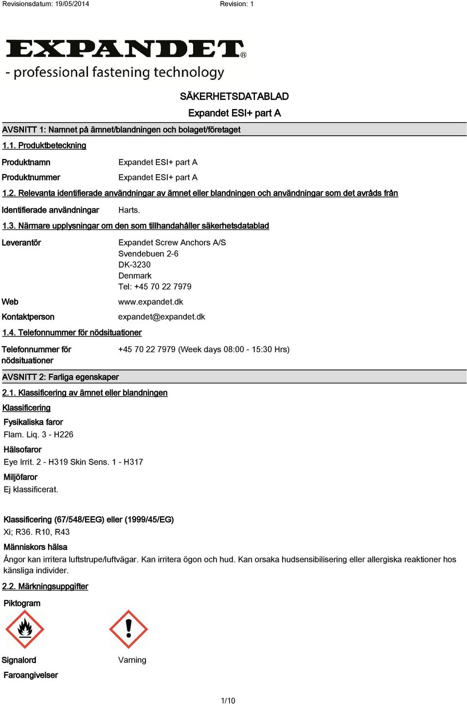 Närmare upplysningar om den som tillhandahåller säkerhetsdatablad Leverantör Web Kontaktperson Expandet Screw Anchors A/S Svendebuen 2-6 DK-3230 Denmark Tel: +45 70 22 7979 www.expandet.