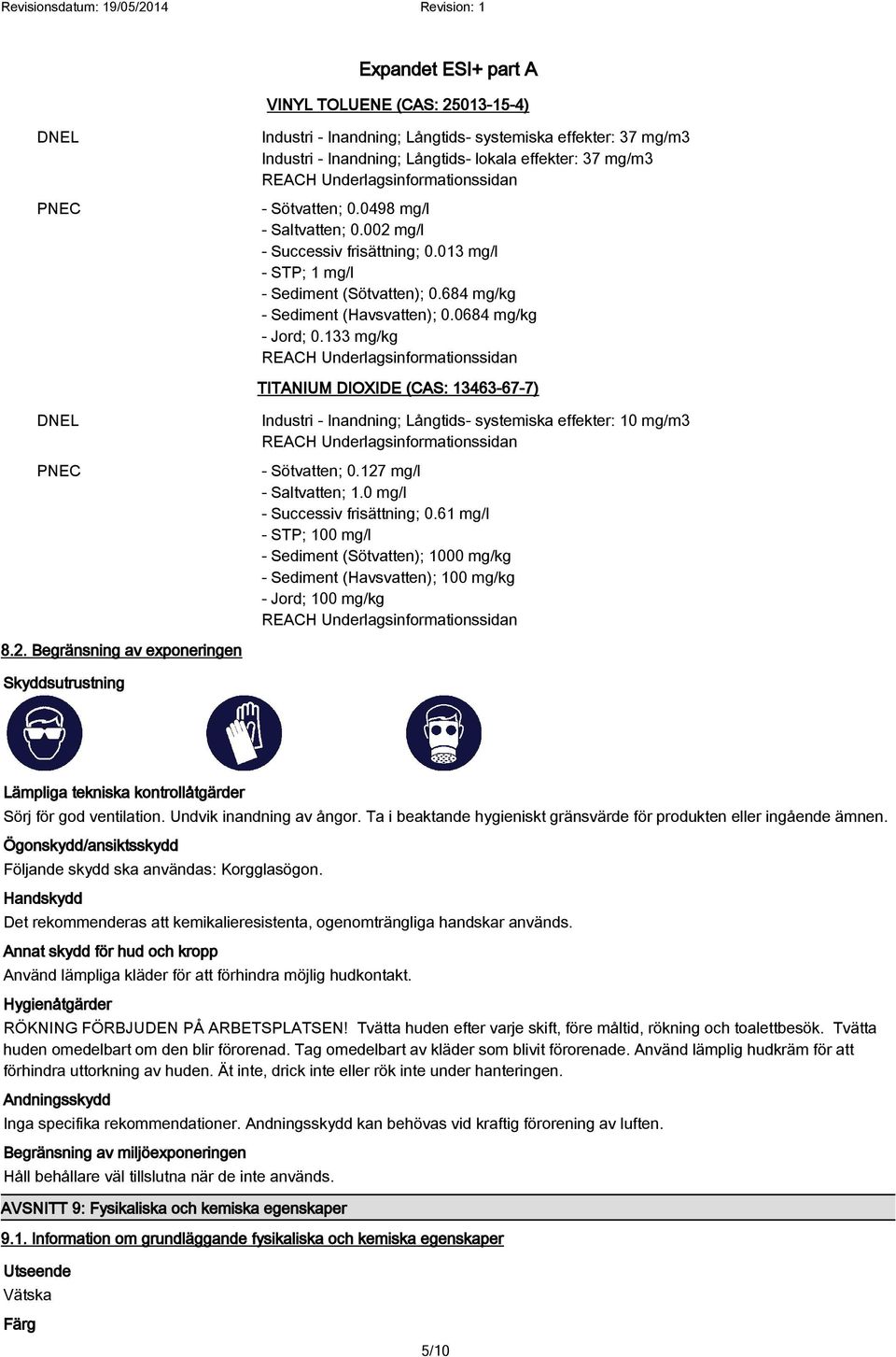 133 mg/kg REACH Underlagsinformationssidan TITANIUM DIOXIDE (CAS: 13463-67-7) DNEL PNEC Industri - Inandning; Långtids- systemiska effekter: 10 mg/m3 REACH Underlagsinformationssidan - Sötvatten; 0.