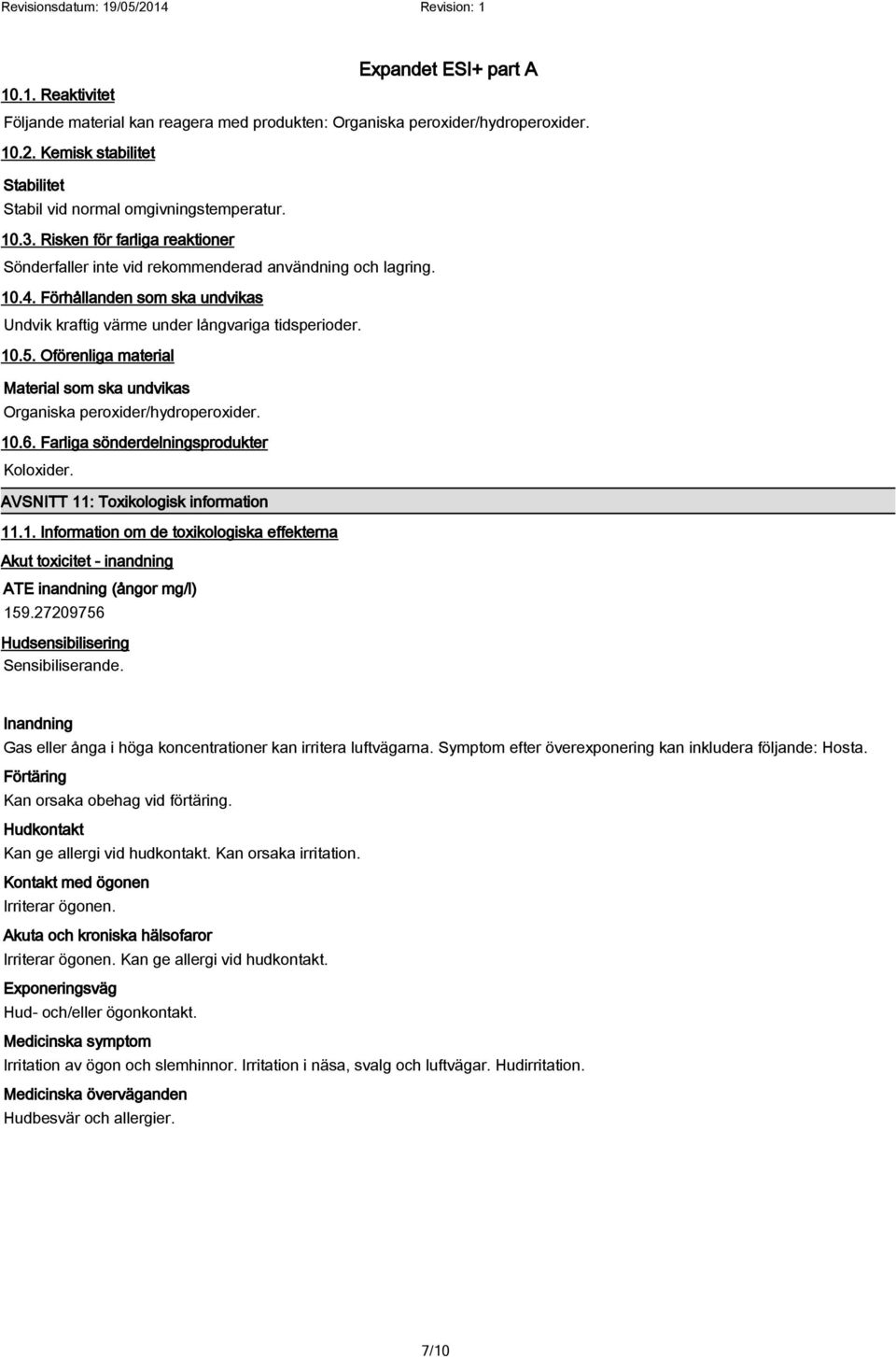 Oförenliga material Material som ska undvikas Organiska peroxider/hydroperoxider. 10.6. Farliga sönderdelningsprodukter Koloxider. AVSNITT 11: Toxikologisk information 11.1. Information om de toxikologiska effekterna Akut toxicitet - inandning ATE inandning (ångor mg/l) 159.