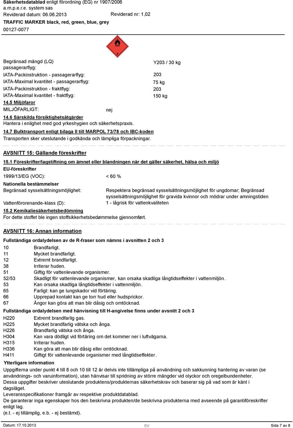 nej Y203 / 30 kg 203 75 kg 203 150 kg AVSNITT 15: Gällande föreskrifter 15.
