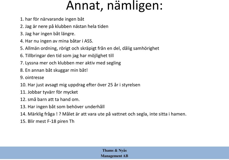 Lyssna mer och klubben mer aktiv med segling 8. En annan båt skuggar min båt! 9. ointresse 10. Har just avsagt mig uppdrag efter över 25 år i styrelsen 11.