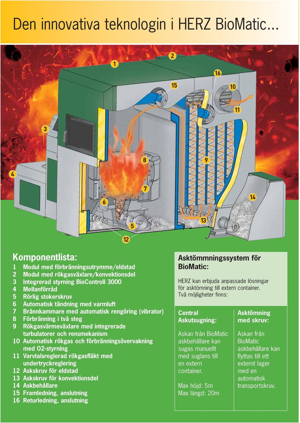 Rörlig stokerskruv 6 Automatisk tändning med varmluft 7 Brännkammare med automatisk rengöring (vibrator) 8 Förbränning i två steg 9 Rökgasvärmeväxlare med integrerade turbulatorer och rensmekanism 10