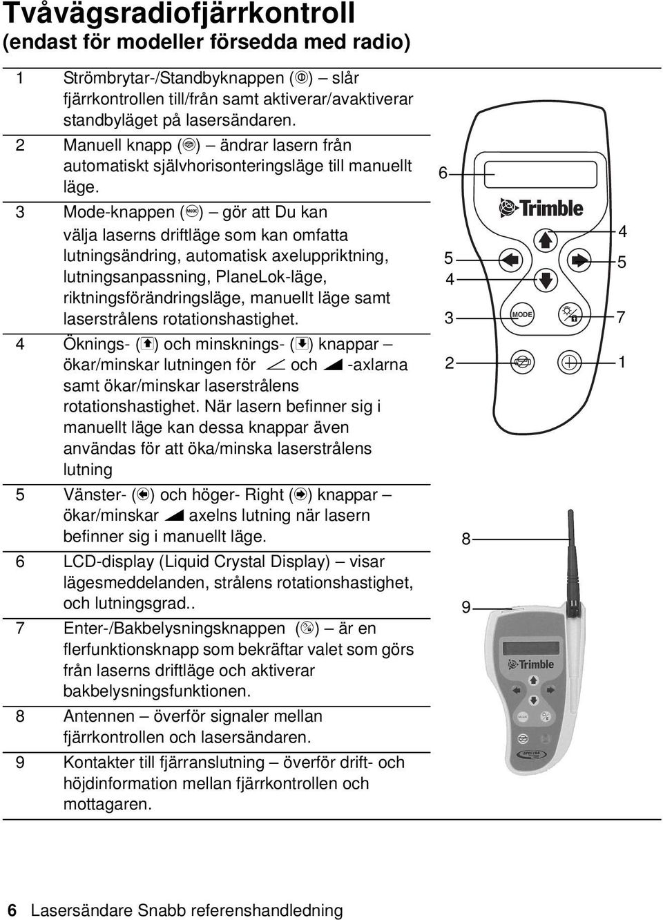 6 3 Mode-knappen (Μ) gör att Du kan välja laserns driftläge som kan omfatta lutningsändring, automatisk axeluppriktning, lutningsanpassning, PlaneLok-läge, riktningsförändringsläge, manuellt läge