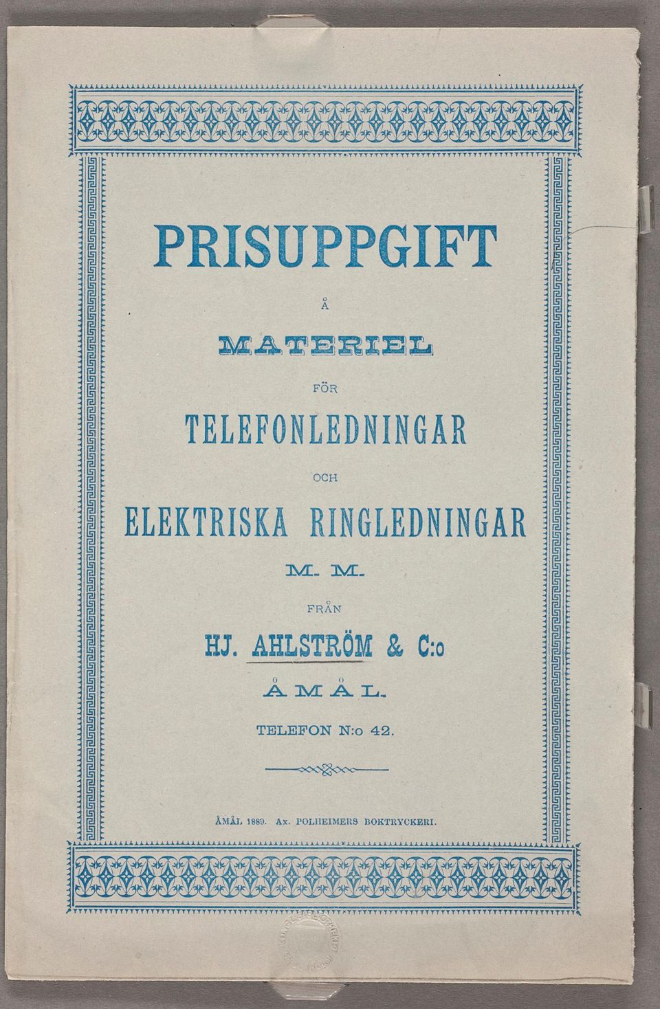 FÖR TELEFONLEDNINGAR vva OCH ELEKTRISKÅ RINGLEDNINGÅR :IML IML HJ. AHLSTRÖM s.