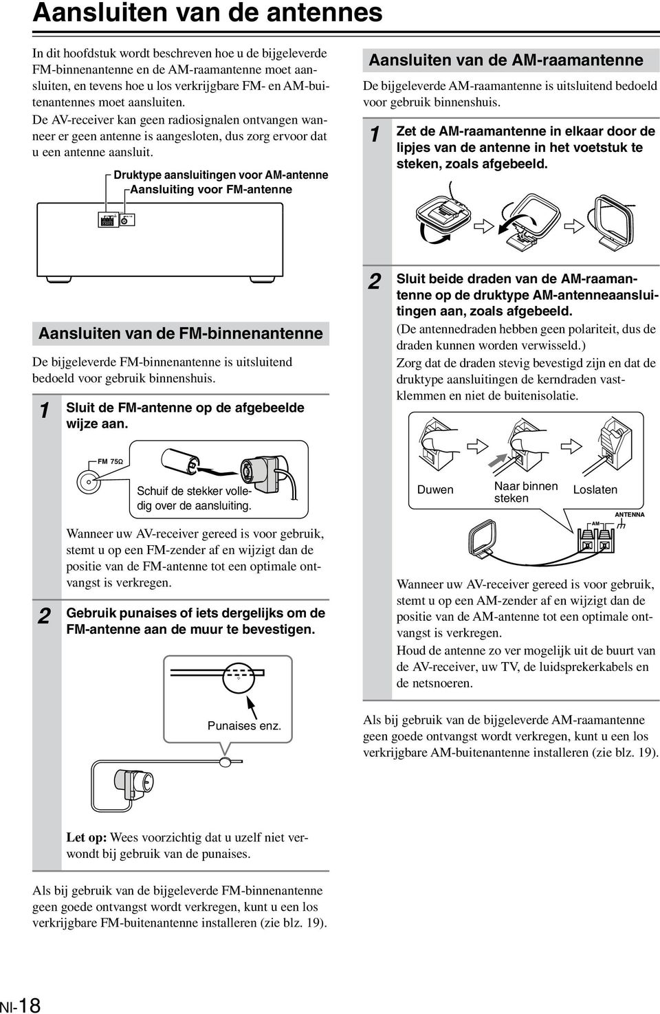 Druktype aansluitingen voor AM-antenne Aansluiting voor FM-antenne Aansluiten van de AM-raamantenne De bijgeleverde AM-raamantenne is uitsluitend bedoeld voor gebruik binnenshuis.