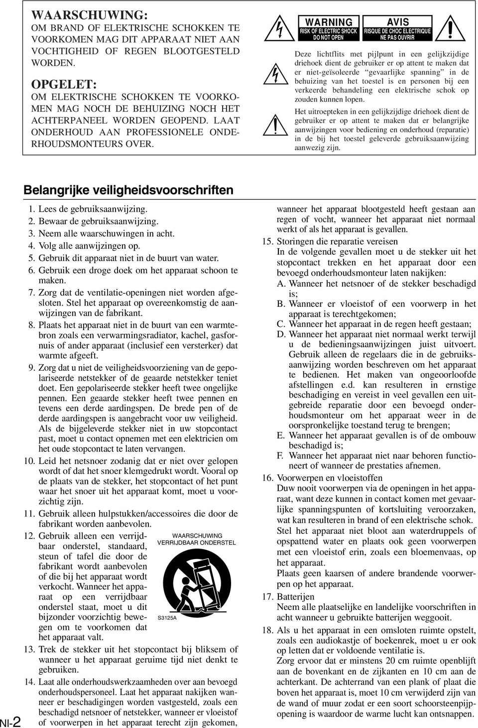 WANG ISK OF EECTIC SHOCK DO NOT OPEN AVIS ISQUE DE CHOC EECTIQUE NE PAS OUVI Deze lichtflits met pijlpunt in een gelijkzijdige driehoek dient de gebruiker er op attent te maken dat er